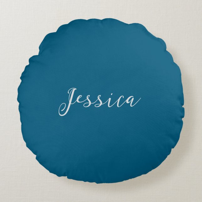 Blue Modern Elegant Plain Simple Professional Name Rund Kudde (Framsidan)