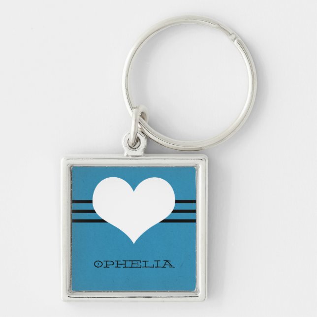 Blue Modern Heart Premium Keychain Fyrkantig Silverfärgad Nyckelring (Framsidan)