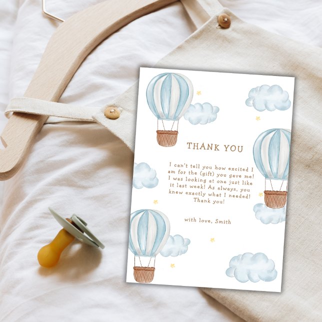 Blue Modern Luftballong Cloud Boy Baby Shower Tack Kort (Blue Modern Hot Air Balloon Cloud Boy Baby Shower Thank You Card)