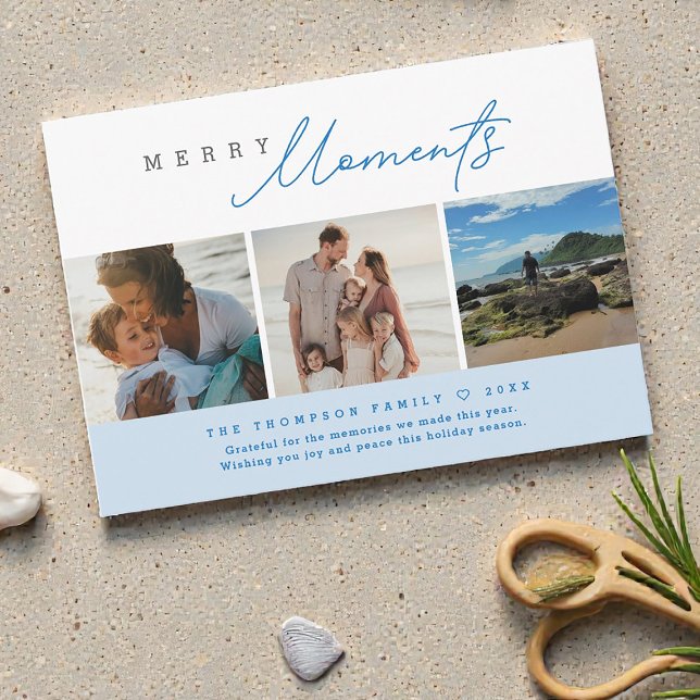 Blue Modern Merry Moments Beach Photos Holiday Julkort (Custom vacation photo Merry Moments Holiday family cards.)