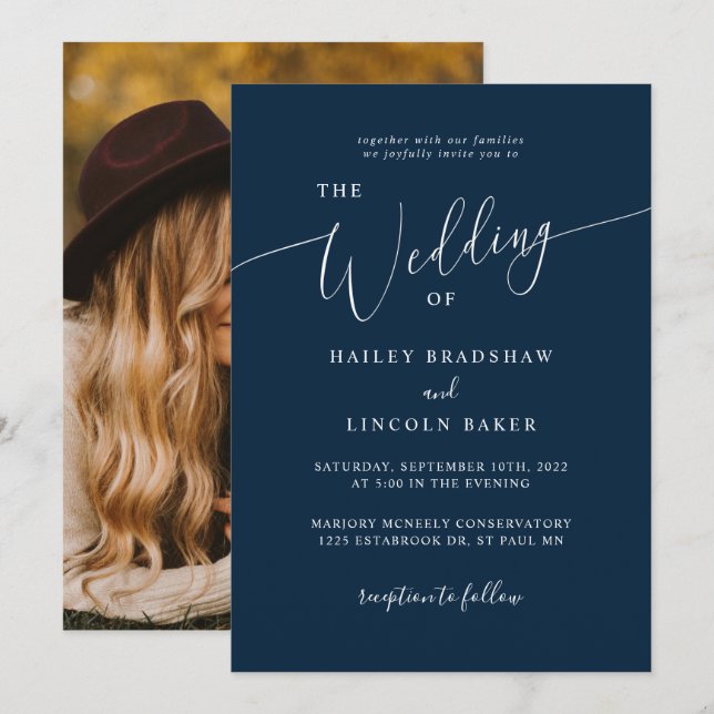 Blue Modern Minimal Photo Bröllop Inbjudningar (Fram/baksida)