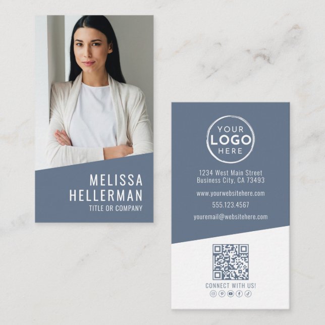 Blue Modern Photo QR Code Logo Vertical Visitkort (Fram/baksida)