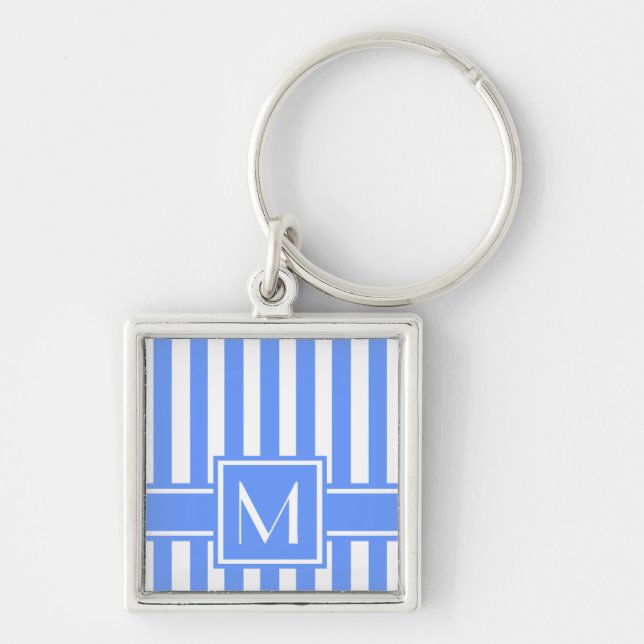 Blue Modern Rand med Monogram Fyrkantig Silverfärgad Nyckelring (Framsidan)