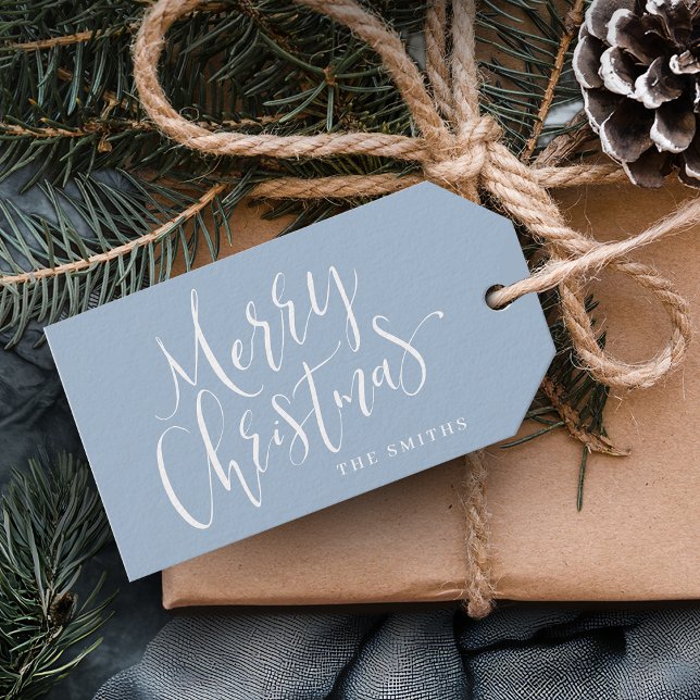 Blue Modern Simple Calligraphy God jul Presentetikett (Blue Modern Simple Calligraphy Merry Christmas Gift Tags)