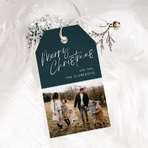 Blue Modern Simple Script Photo God jul Presentetikett