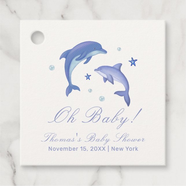Blue Modern Summer Dolphin Stars Baby Shower Gåvor Etiketter (Framsida)