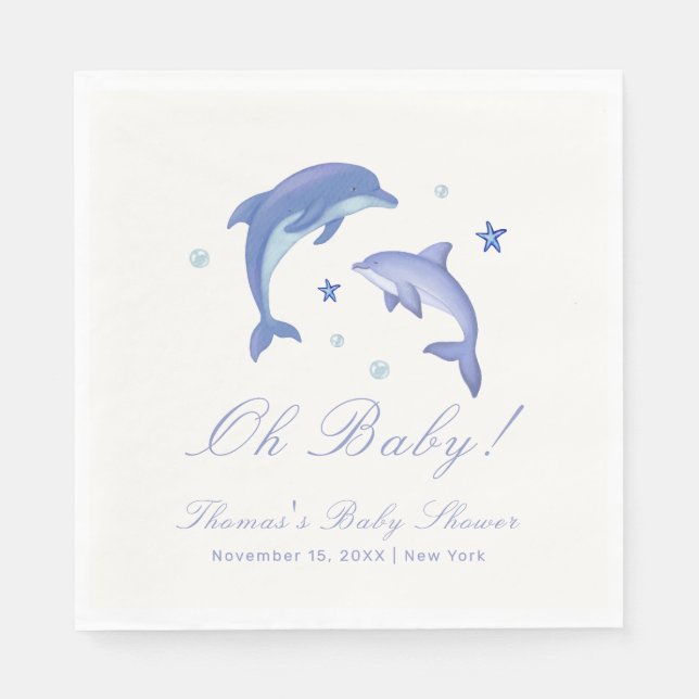 Blue Modern Summer Dolphin Stars Baby Shower Pappersservett (Framsidan)