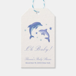 Blue Modern Summer Dolphin Stars Baby Shower Presentetikett