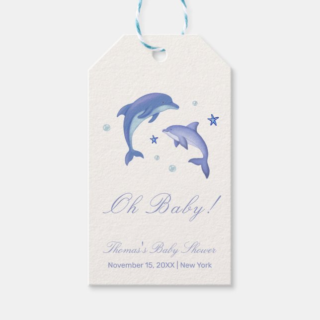 Blue Modern Summer Dolphin Stars Baby Shower Presentetikett (Framsidan)