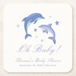 Blue Modern Summer Dolphin Stars Baby Shower Underlägg Papper Kvadrat