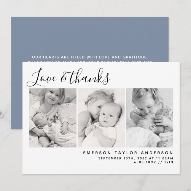 Blue Modern Three Photos Nyfödd bebis Tack Kort (Fram/baksida)