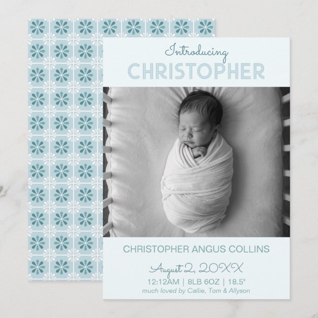 Blue Modern Tile Birth Announcement Card (Fram/baksida)