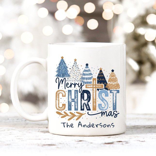 Blue Modern Träd Kristus God jul Namn Kaffemugg (Blue Modern Trees Christ Merry Christmas Name Coffee Mug)