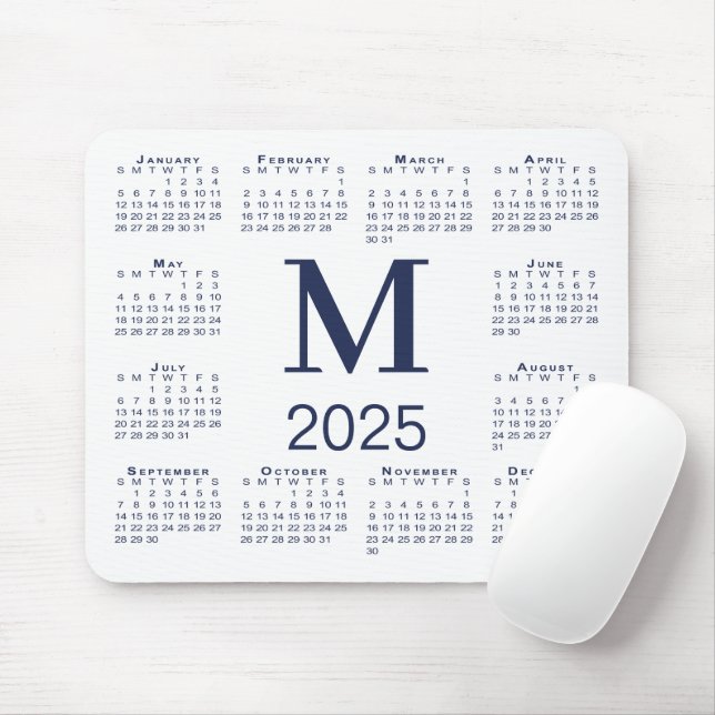 Blue Monogram 2025 Kalender om vitt Musmatta (Med mus)