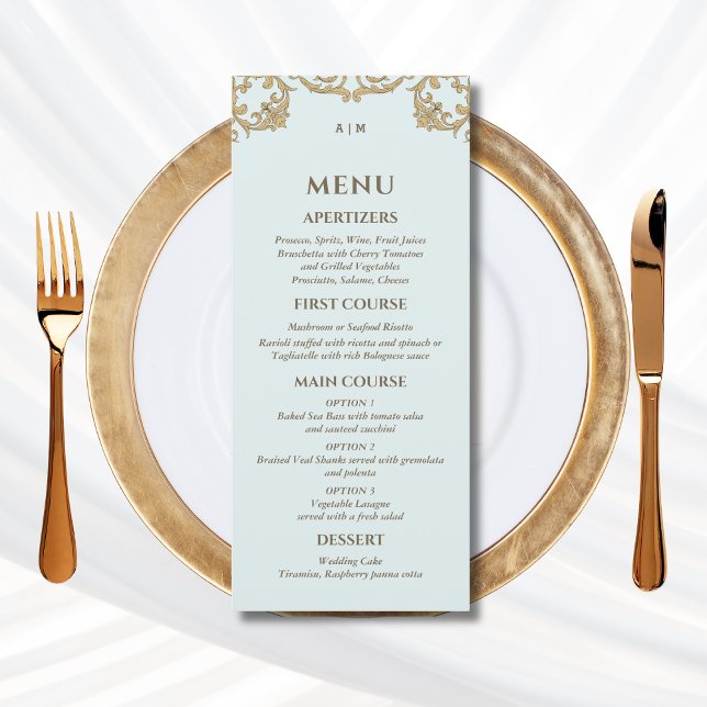 Blue Monogram Baroque Christian Wedding Menu Meny (Skapare uppladdad)
