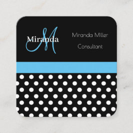 Blue Monogram Black White Polka Dot Fyrkantigt Visitkort