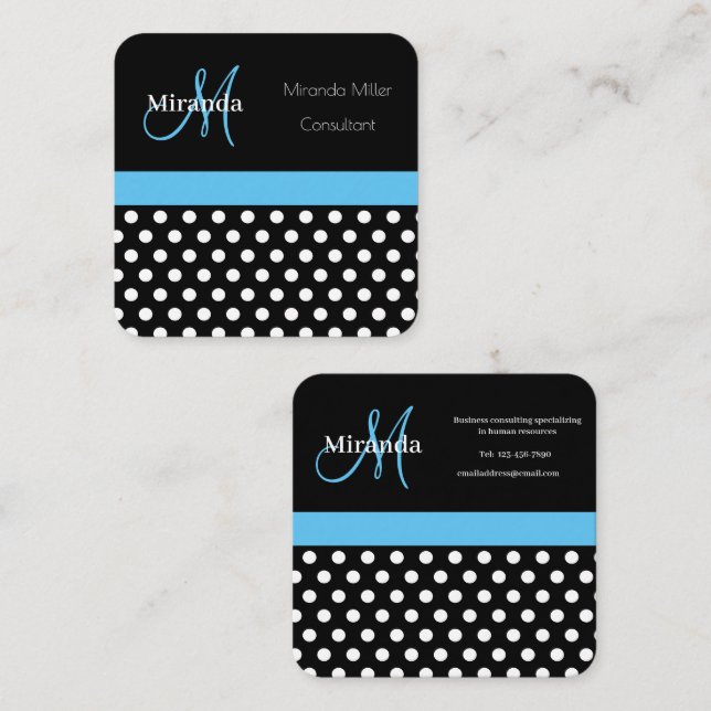 Blue Monogram Black White Polka Dot Fyrkantigt Visitkort (Fram/baksida)