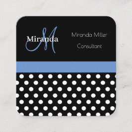 Blue Monogram Black White Polka Dot Fyrkantigt Visitkort
