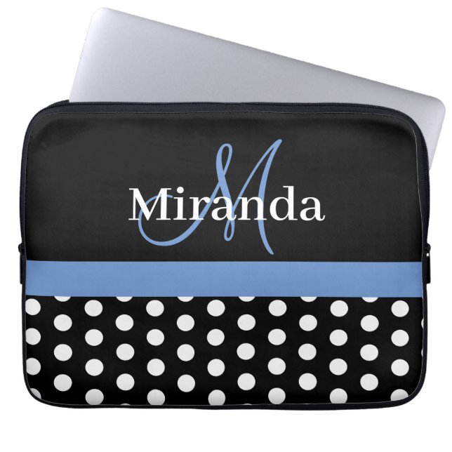 Blue Monogram Black White Polka Dot Laptop Fodral (Framsidan)