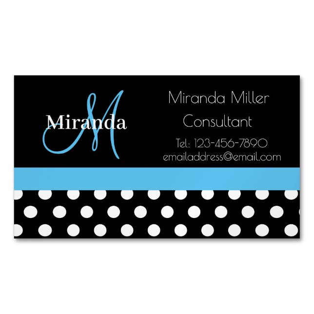 Blue Monogram Black White Polka Dot Magnetiska Visitkort (Framsida)