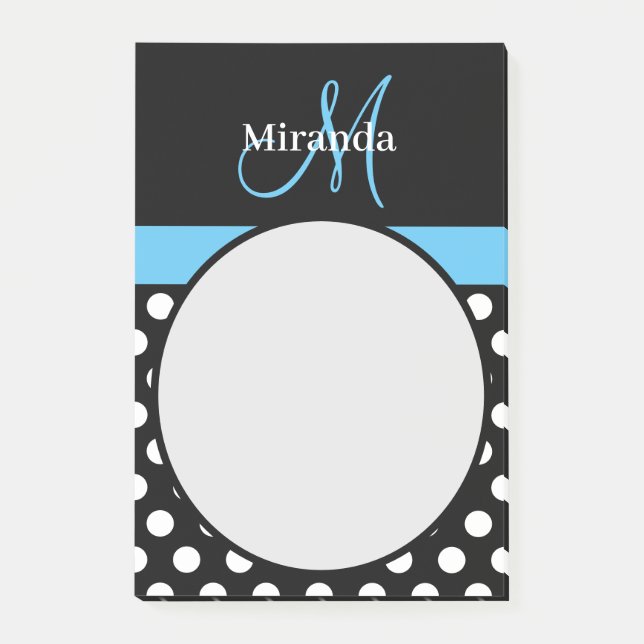 Blue Monogram Black White Polka Dot Post-it Block (Framsida)