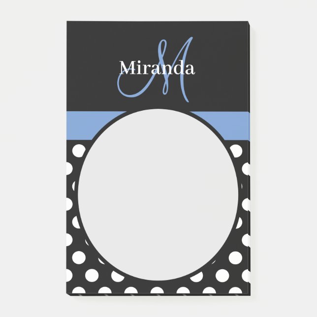 Blue Monogram Black White Polka Dot Post-it Block (Framsida)