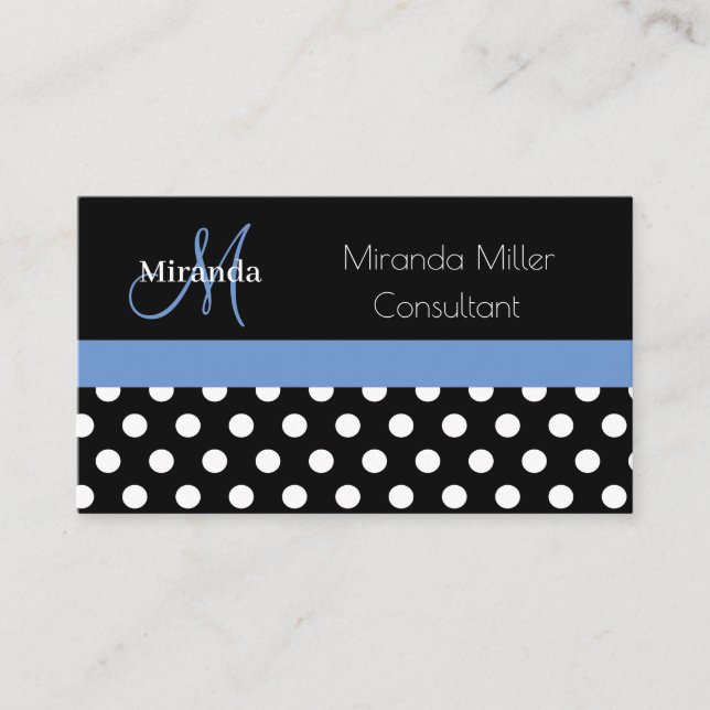 Blue Monogram Black White Polka Dot Visitkort (Framsida)