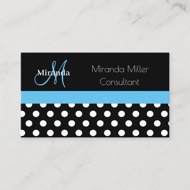 Blue Monogram Black White Polka Dot Visitkort (Framsida)