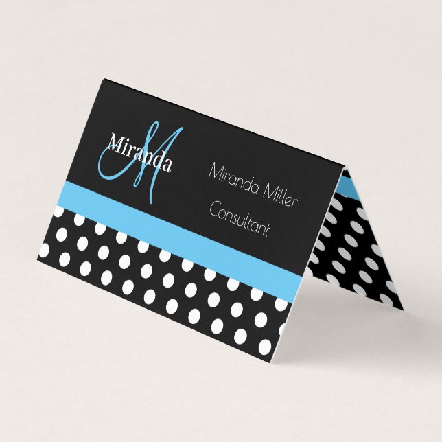 Blue Monogram Black White Polka Dot Visitkort (Framsida)