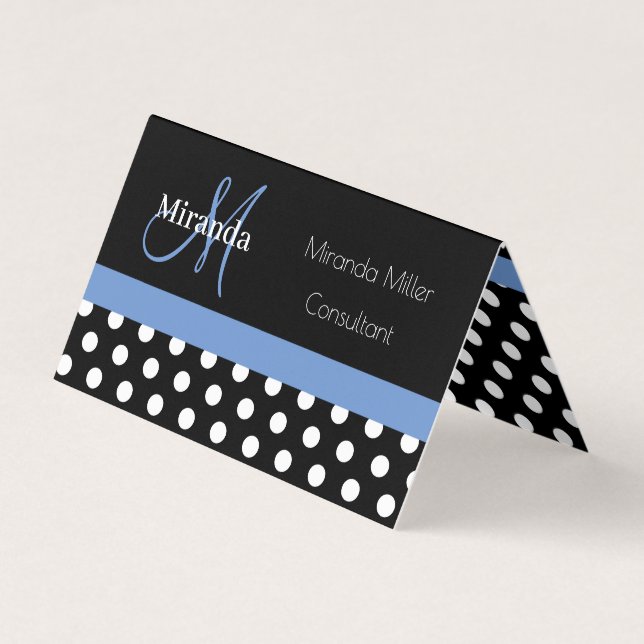 Blue Monogram Black White Polka Dot Visitkort (Framsida)