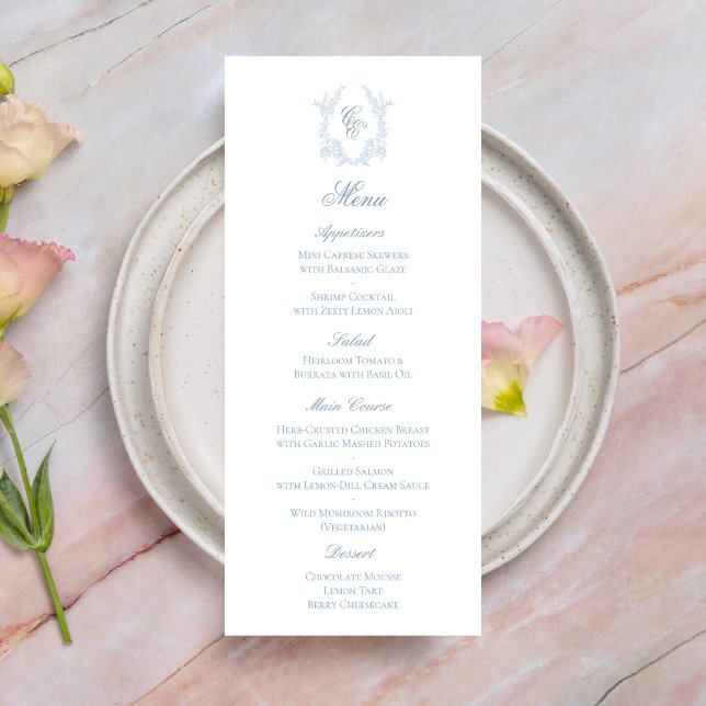 Blue Monogram Crest Wedding Reception Menu Card Spara Datumet (Skapare uppladdad)