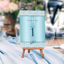 Blue Monogram Damask Glitter Bröllop Bordsnummer