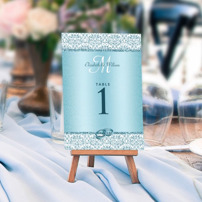 Blue Monogram Damask Glitter Bröllop Bordsnummer (Skapare uppladdad)