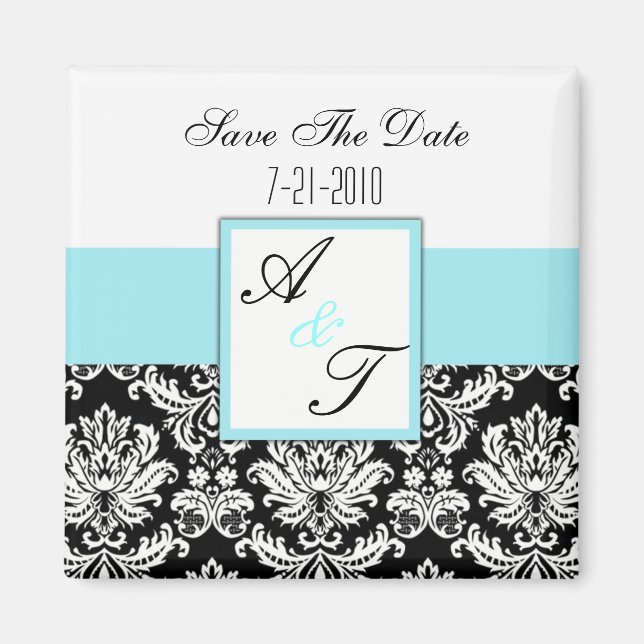 Blue Monogram Damask Wedding Magnet (Framsidan)