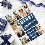 Blue Monogram Family Photo Collage jul Kort<br><div class="desc">Den här coolan och det söta Julhälsningar julkortet är perfekt för vilken familj som helst. Den har nio anpassaden fotografi av bilder med ett monogram namn och citatet "God jul" ovanpå ett marint blått "20XX (År)" och ett mellangblått färg-block. Nästa block i färg säger: "Från (familjen namn)". Det är modernt,...</div>