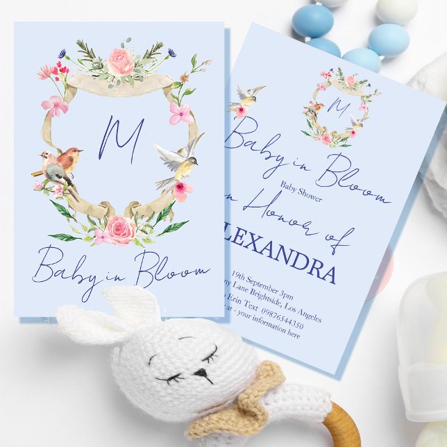 Blue Monogram för babyskor, Vapensköld Inbjudningar (Skapare uppladdad)
