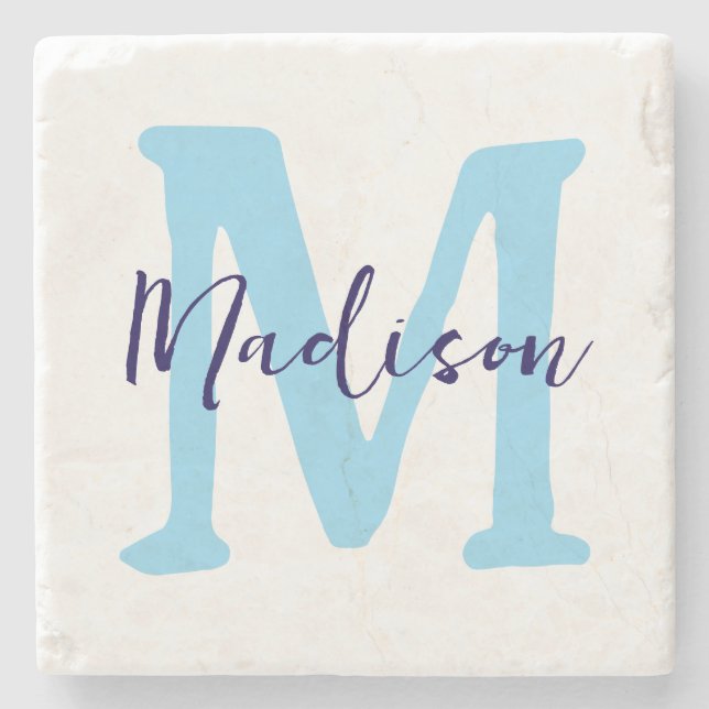 Blue Monogram Initial och Namn Stenunderlägg (Framsidan)
