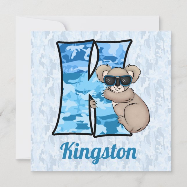 Blue Monogram K-Barn, Födelsedagsfest Inbjudningar (Framsida)