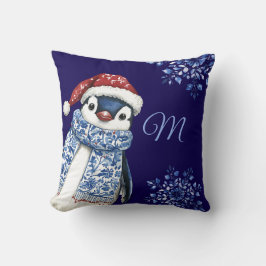 Blue Monogram Penguin jul Kudde