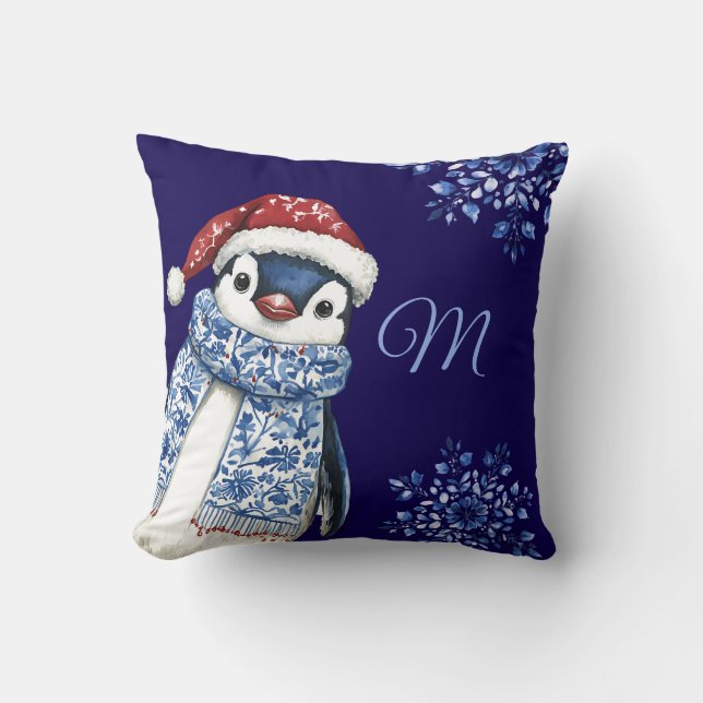 Blue Monogram Penguin jul Kudde (Framsida)