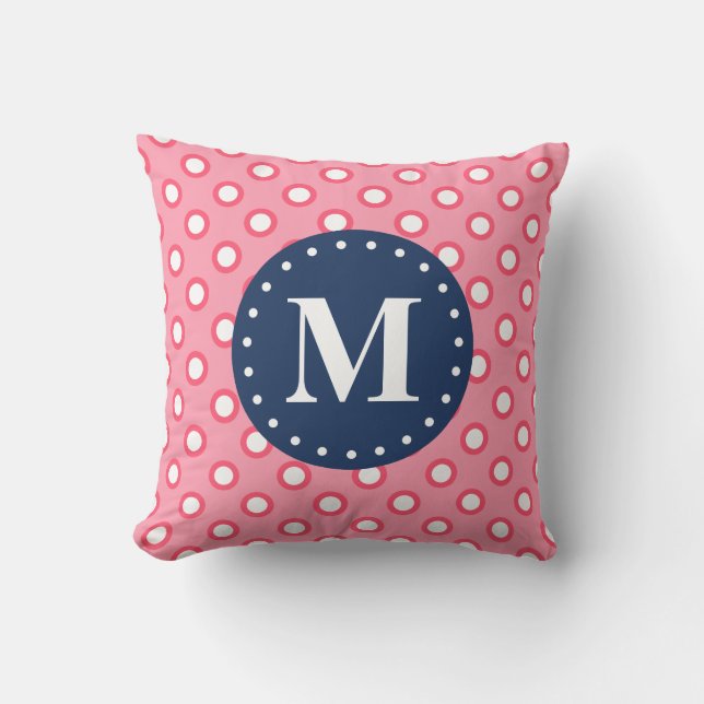 Blue Monogram Rosa Polka dots Mönster Kudde (Framsida)
