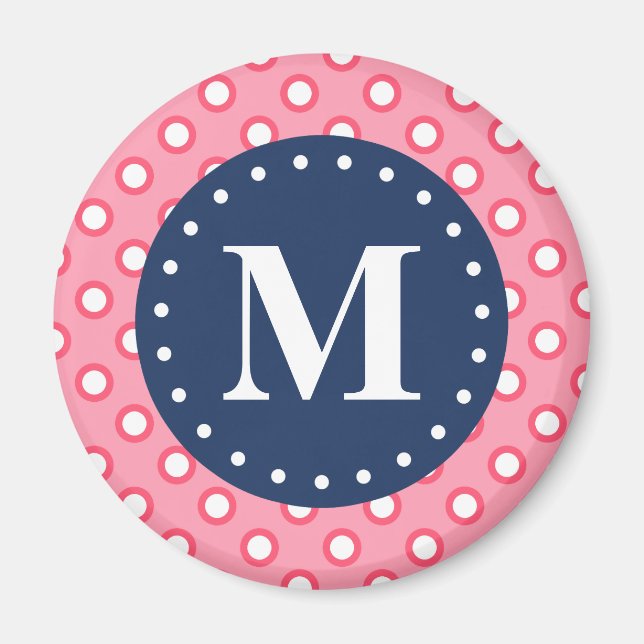 Blue Monogram Rosa Polka dots Mönster Magnet (Framsidan)