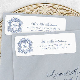 Blue Monogram Vapensköld Elegant bröllop Returadre Returadress Etikett
