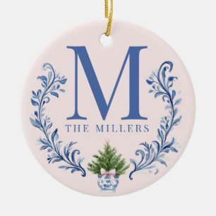 Blue Monogram Vapensköld med Julgran Julgransprydnad Keramik