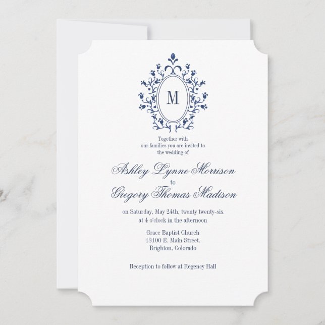 BLUE Monogram Wedding Invitation Inbjudningar (Framsida)