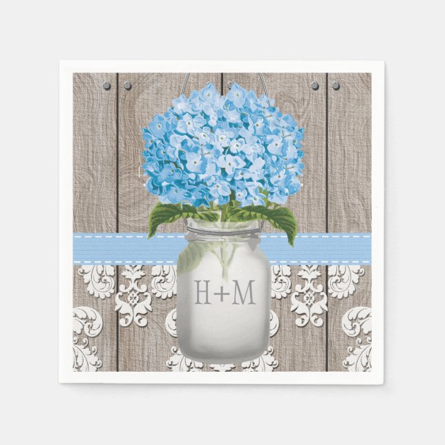 Blue Monogrammed Hydrangea Mason Burk Pappersservett (Framsidan)