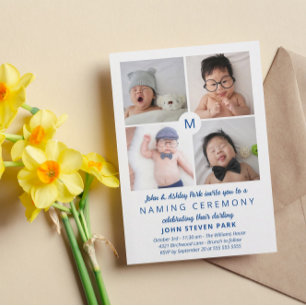 Blue Monogrammed Photo Collage Naming Ceremony Inbjudningar