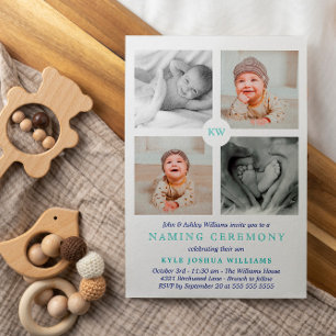 Blue Monogrammed Photo Collage Naming Ceremony Julkort