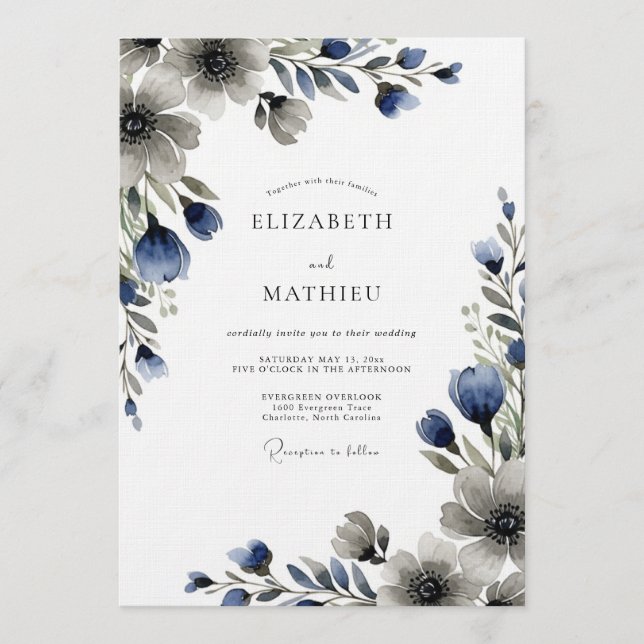 Blue Moody Floral Wedding Inbjudningar (Framsida)