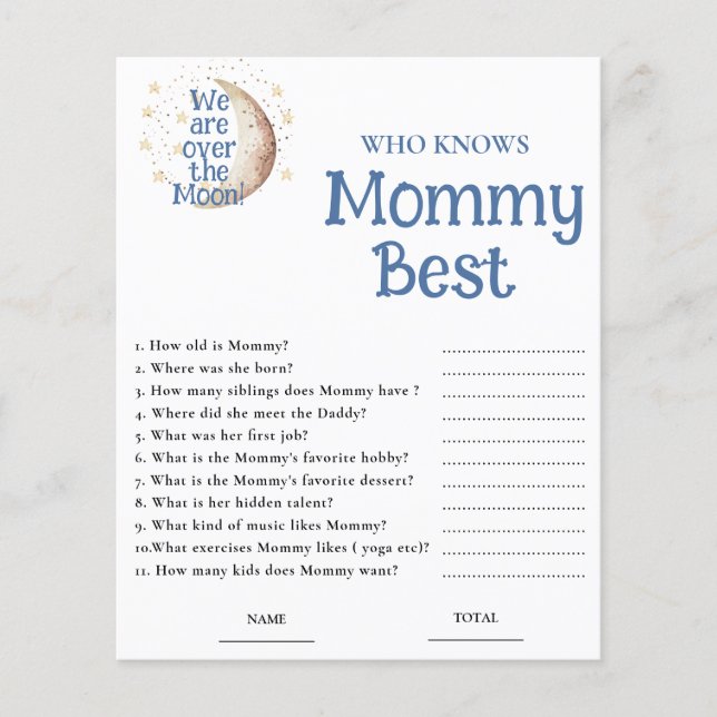 Blue Moon Vem vet mamman bäst Baby Shower Game (Framsida)